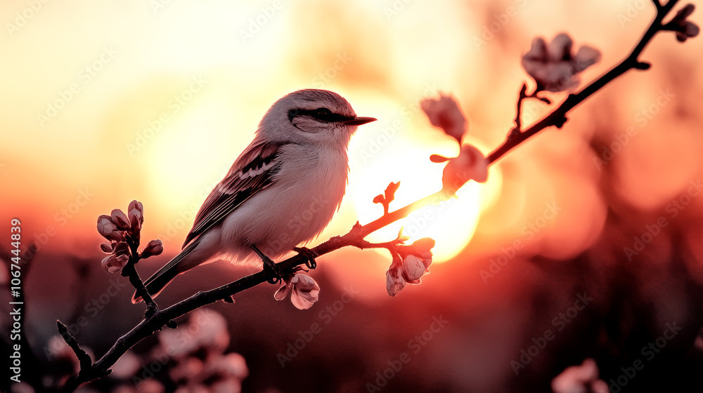 Fototapeta premium A small bird perches on a branch with blossoms, silhouetted against a vibrant sunset.