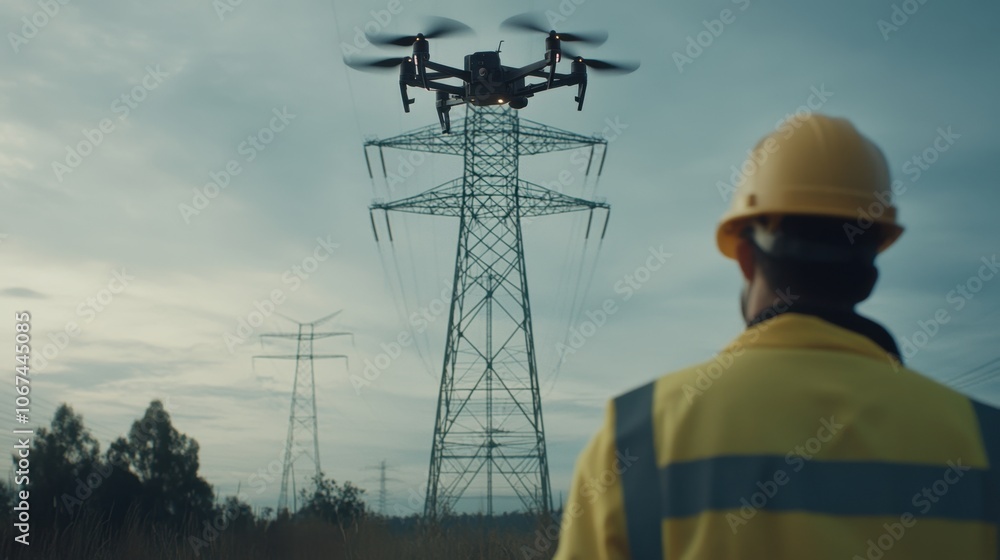Worker Observing Drone by Electric Tower at Dusk Worker Observing Drone by Electric Tower at Dusk