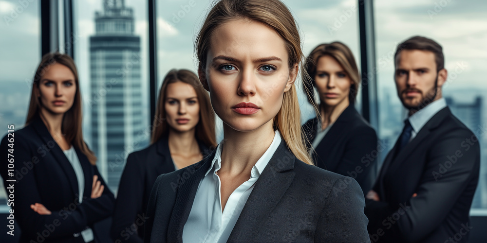 A young director CEO businesswoman and her team, serious business professionals in modern office with cityscape background A young director CEO businesswoman and her team, serious business professionals in modern office with cityscape background