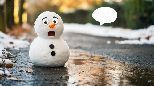 Shocked snowman witnessing melting puddle with blank speech bubble for winter illustration