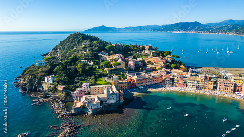 Sestri Levante, a picturesque summer resort on the Italian Riviera, is famous for its stunning beaches and charming “Bay of Silence.” This coastal gem, nestled between hills and turquoise waters photo