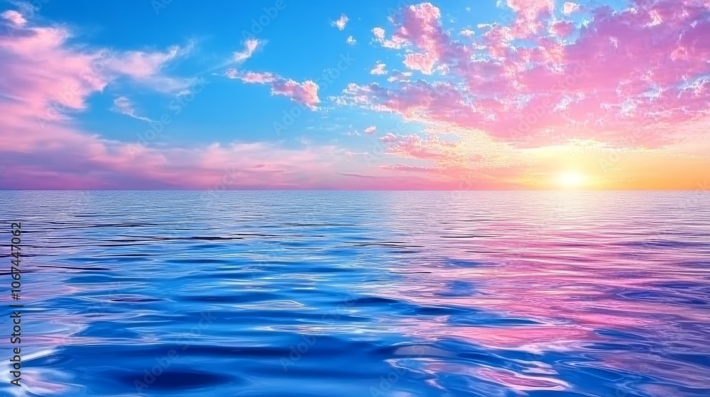 Serene Sunset Over Calm Ocean Water with Pink and Blue Clouds Serene Sunset Over Calm Ocean Water with Pink and Blue Clouds