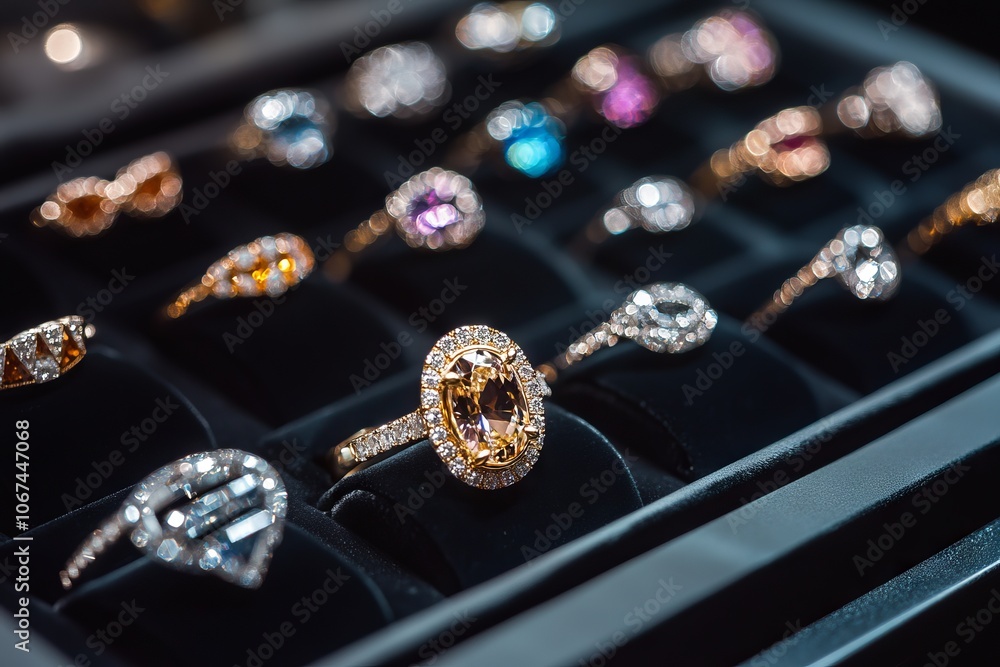 Collection of Luxury Jewelry Rings and Necklaces in Elegant Display Case. AI generated illustration Collection of Luxury Jewelry Rings and Necklaces in Elegant Display Case. AI generated illustration