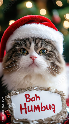 Grumpy cat with santa hat and bah humbug sign for christmas humor
