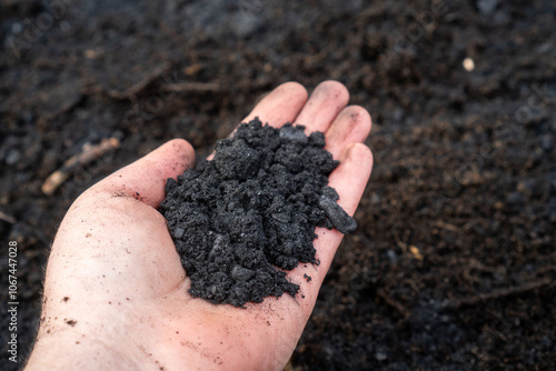 Nahaufnahme von Pflanzenkohle (Biochar) zur Bodenverbesserung im Garten und in der Landwirtschaft photo