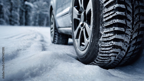 A close-up of a car tire driving through deep snow in a winter landscape. The car is covered with a light layer of snow and frost, emphasizing the cold conditions 