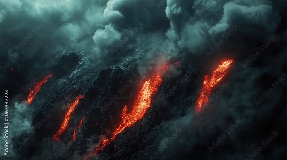 Fiery Lava Eruptions Through Dark Smoke Clouds Fiery Lava Eruptions Through Dark Smoke Clouds
