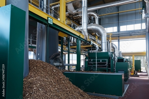 Industrial facility processing biomass materials for energy production