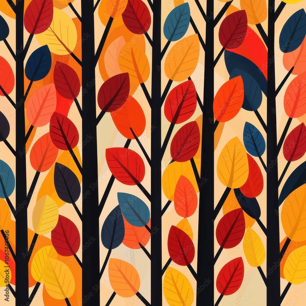 A vibrant illustration of autumn trees showcasing colorful leaves in shades of orange, red, yellow, and blue against a light background. A vibrant illustration of autumn trees showcasing colorful leaves in shades of orange, red, yellow, and blue against a light background.