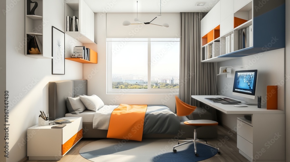 Stylish Modern Bedroom with Home Office Space. AI generated illustration Stylish Modern Bedroom with Home Office Space. AI generated illustration