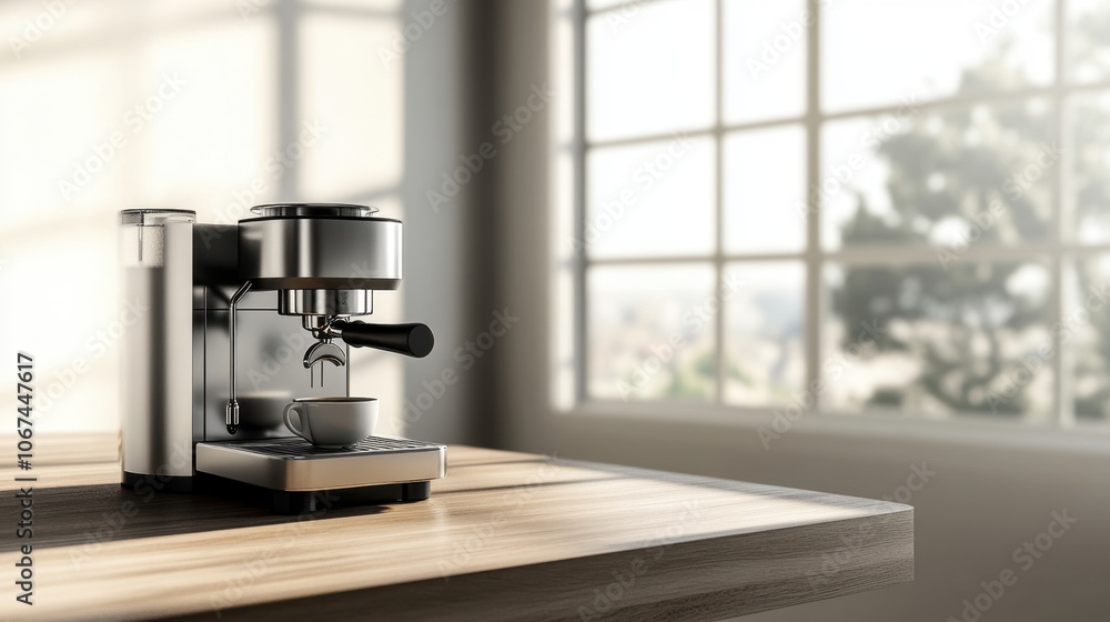 Modern Espresso Machine on Wooden Table Modern Espresso Machine on Wooden Table