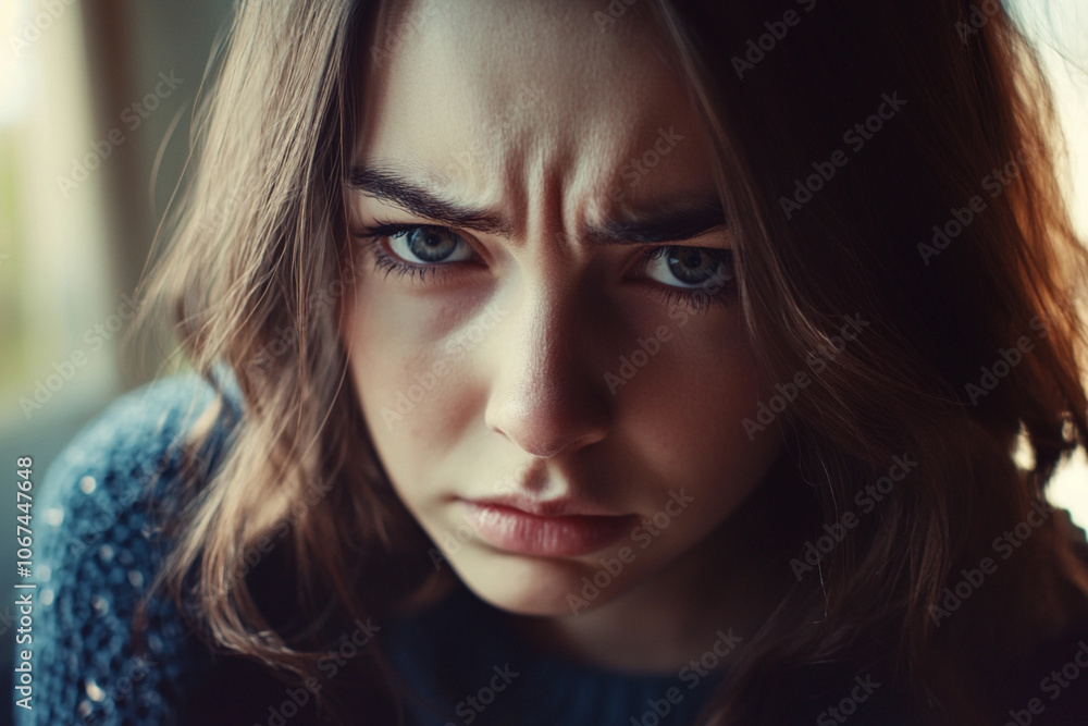 Naklejka premium Young woman with intense expression seated indoors during daylight
