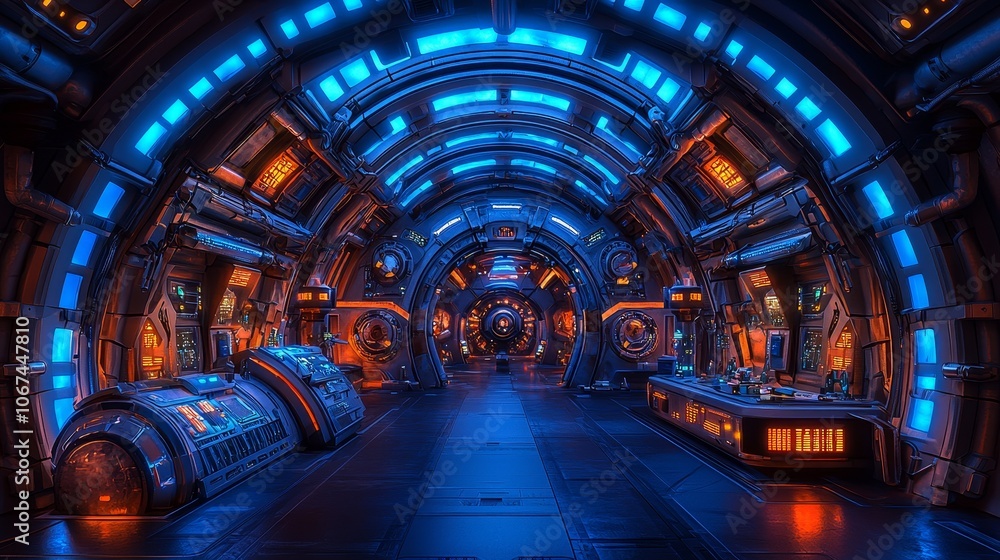 Fototapeta premium Explore the futuristic design of a high-tech space corridor filled with vibrant blue and orange lighting
