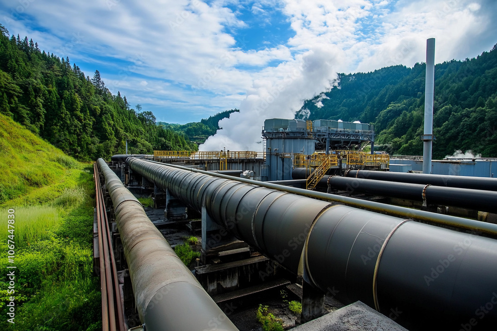 Naklejka premium Modern geothermal power plant with industrial pipes and mountains