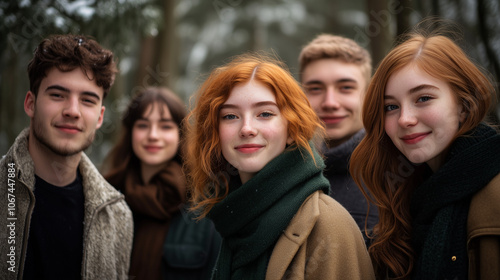 Group of Friends Walking on Winter Forest Trail