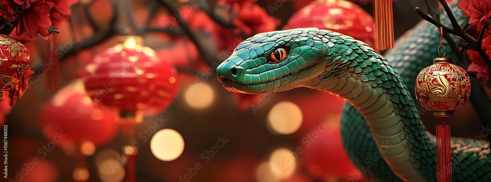 Chinese New Year Celebration: Green Snake with Lanterns and Red Decorations. AI generated illustration Chinese New Year Celebration: Green Snake with Lanterns and Red Decorations. AI generated illustration