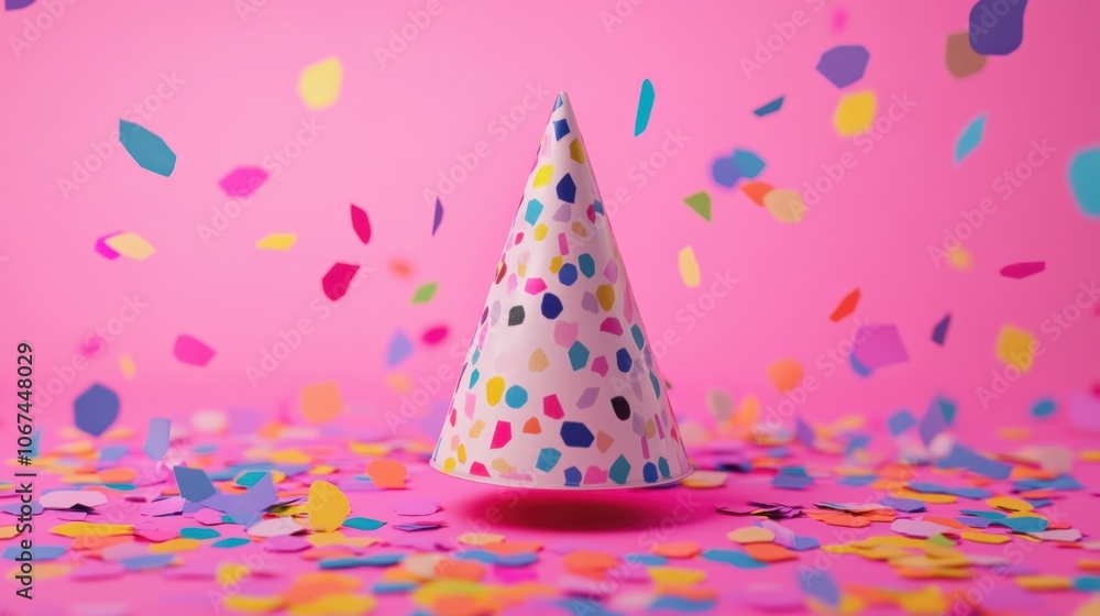 Colorful Party Hat with Confetti on Pink Background Colorful Party Hat with Confetti on Pink Background