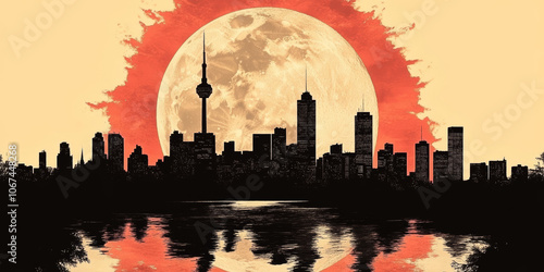 Silhouette of a city skyline against a fiery sunset with a full moon