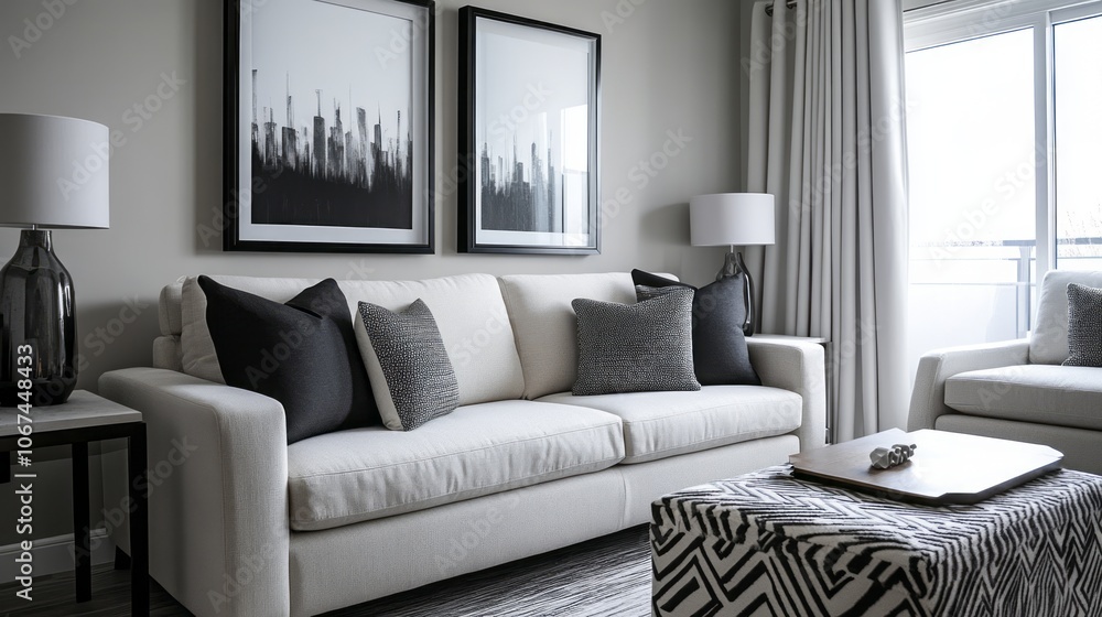 Fototapeta premium Modern Living Room with White Couch and Black and White Decor