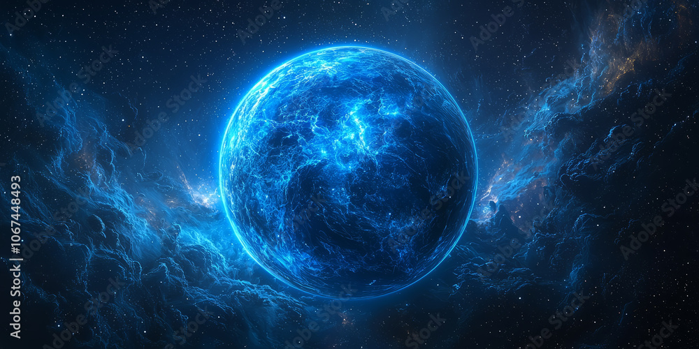 A blue planet covered with clouds and shimmering seas, with bright constellations twinkling in the background A blue planet covered with clouds and shimmering seas, with bright constellations twinkling in the background