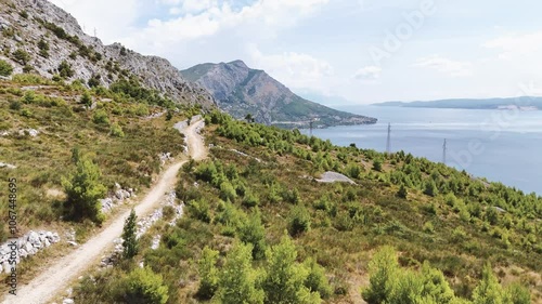 Aerial view of the hiking trail near town Omis in Croatia in summer

