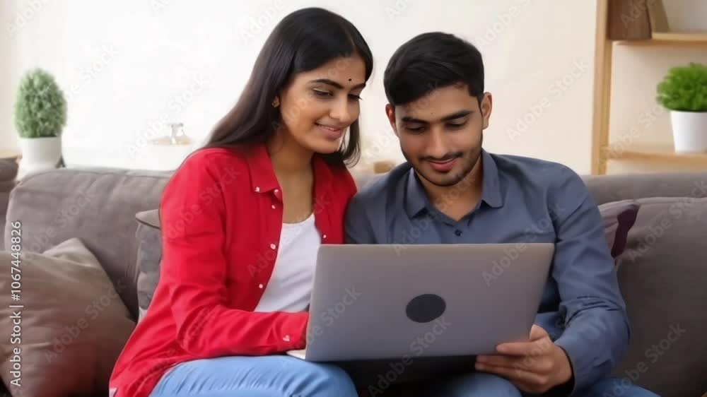 A happy young Indian couple sitting on a couch in a cozy living room at home, using a laptop to search for tours online A happy young Indian couple sitting on a couch in a cozy living room at home, using a laptop to search for tours online