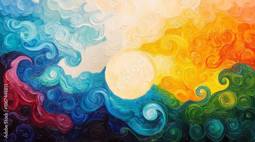 Vibrant abstract painting depicting swirling colors and a sun, ideal for art enthusiasts and modern decor. photo