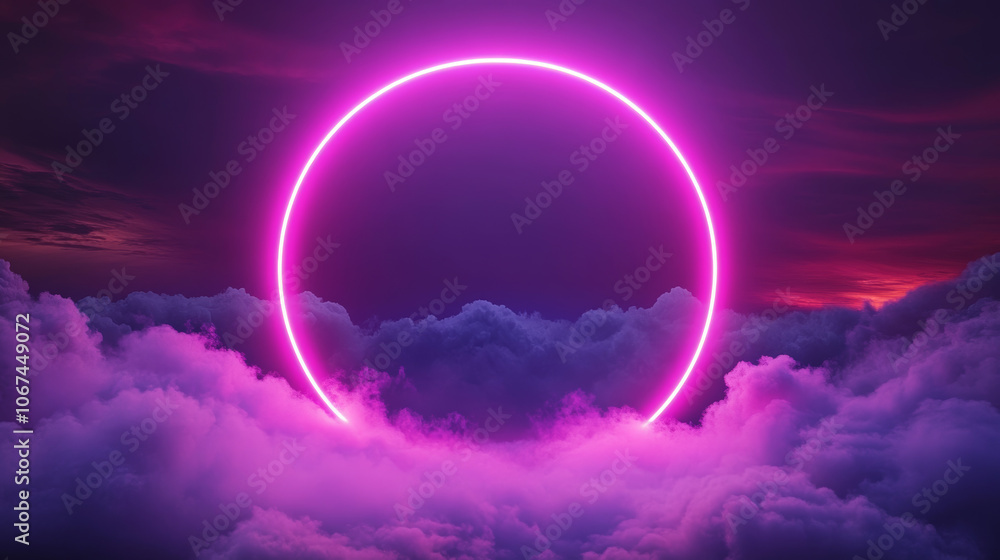A glowing pink neon circle hovers above the clouds in a dramatic sunset sky. A glowing pink neon circle hovers above the clouds in a dramatic sunset sky.