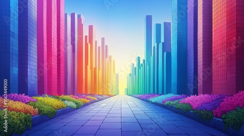 Vibrant cityscape with colorful tall buildings and flower gardens, depicting a stunning sunset in a dreamy atmosphere.