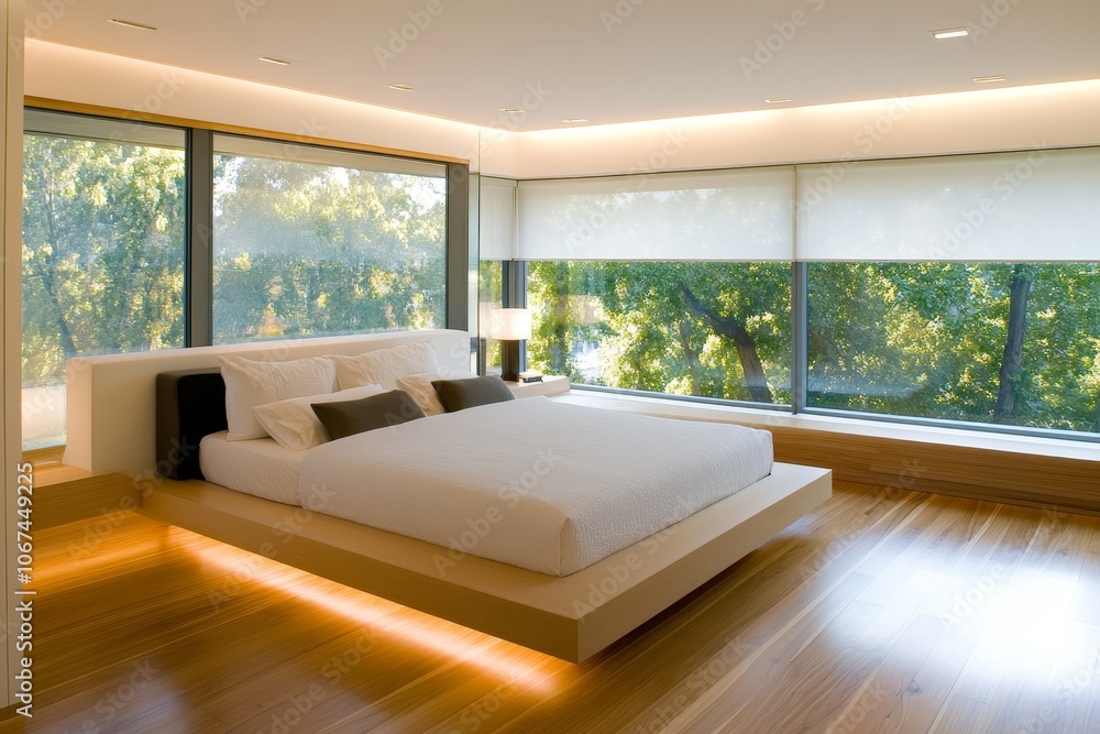 Fototapeta premium A minimalist bedroom with a stunning forest view, featuring a sleek bed and natural light