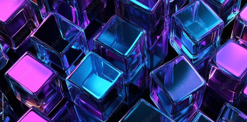 Abstract Blue and Purple Glass Cubes on Black Background. AI generated illustration Abstract Blue and Purple Glass Cubes on Black Background. AI generated illustration
