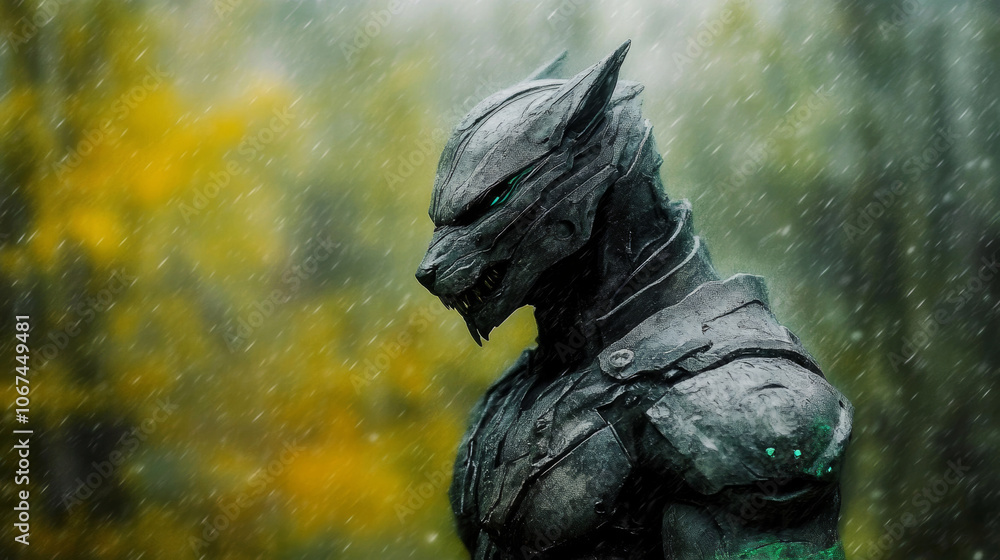 A wolf-like creature in metallic armor stands in a forest, rain falling around it. A wolf-like creature in metallic armor stands in a forest, rain falling around it.