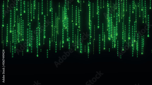 Binary code with numbers moving on the screen. Digital age. Binary algorithm, data code, decryption and encoding. Matrix background of numbers. 3D vector illustration