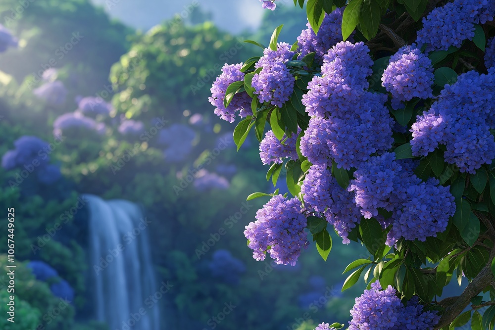 Water flows gently through a garden waterfall, surrounded by vibrant flowers and kissed by the warm hues of sunset. Water flows gently through a garden waterfall, surrounded by vibrant flowers and kissed by the warm hues of sunset.