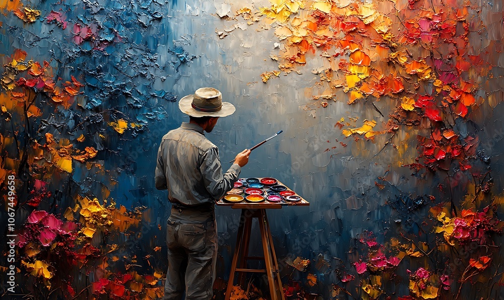 Artist man painting a contemporary modern artwork on the large wall successfully fine art artist drawing masterpiece
