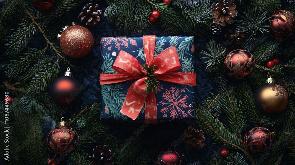 Christmas gift surrounded by fir branches, pine cones and christmas balls is waiting to be opened Christmas gift surrounded by fir branches, pine cones and christmas balls is waiting to be opened