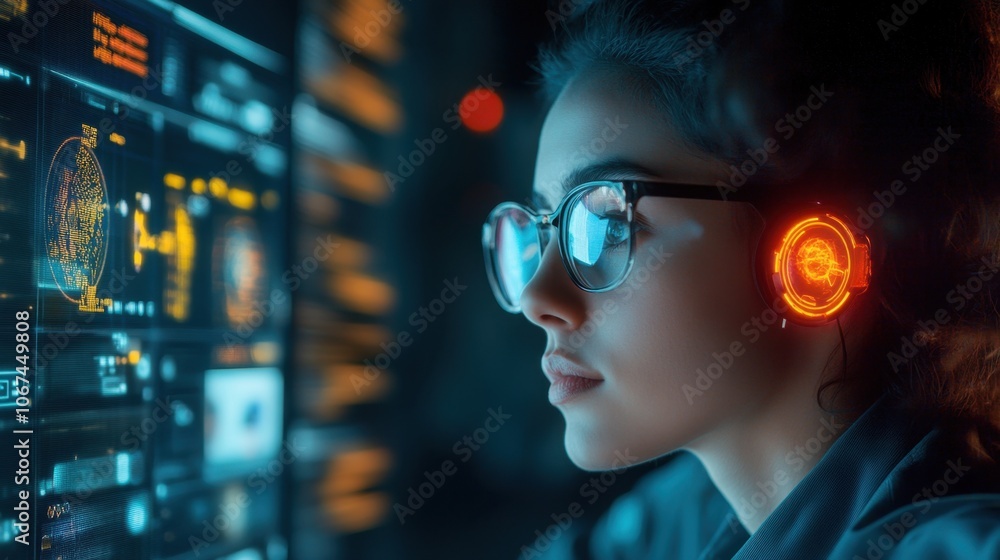 Focused Woman in Eyewear Engaging with Digital Interface Focused Woman in Eyewear Engaging with Digital Interface