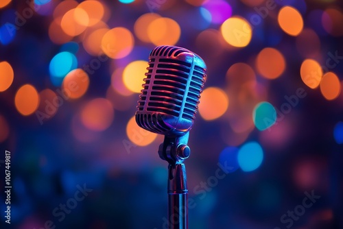 Vintage Microphone on Stage in an Old-Fashioned Club with Colorful Spotlights. AI generated illustration