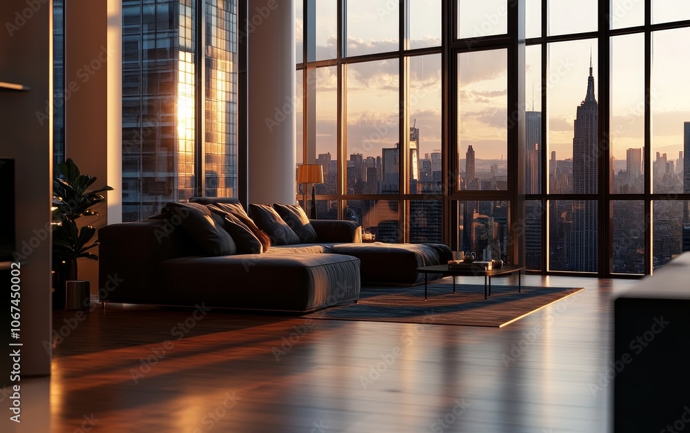 A modern living room with floor to ceiling windows offering a stunning cityscape view at sunset A modern living room with floor to ceiling windows offering a stunning cityscape view at sunset