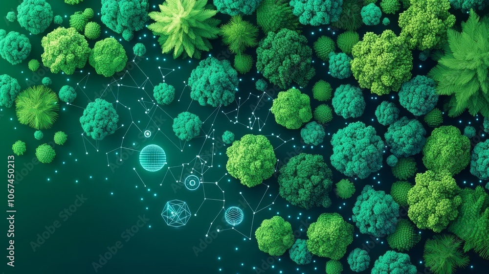 Vibrant green abstract forest with trees, plants, and a digital network. Ideal for nature and technology concepts. Vibrant green abstract forest with trees, plants, and a digital network. Ideal for nature and technology concepts.