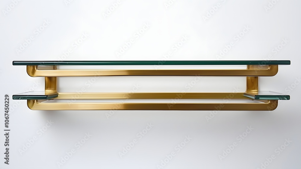 Stylish Nonuple Brass and Glass Wall Shelf on a Pure White Background A Trendy and Elegant Display Option for Contemporary Homes Stylish Nonuple Brass and Glass Wall Shelf on a Pure White Background A Trendy and Elegant Display Option for Contemporary Homes