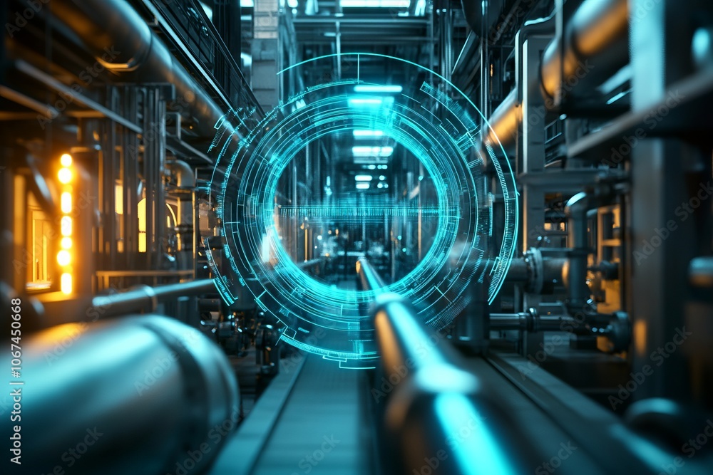 Futuristic Digital Hologram of Industrial Water Pipe System. AI generated illustration Futuristic Digital Hologram of Industrial Water Pipe System. AI generated illustration