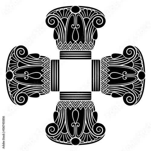 Square cross shape frame. Ethnic ancient Egyptian motifs. Antique geometrical ornament with spirals and palmette motives. Abstract background with stylized lotus flowers. Black and white silhouette.