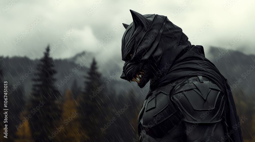 A mysterious figure in a wolf-like mask stands in the rain, with a forest and mountains in the background. A mysterious figure in a wolf-like mask stands in the rain, with a forest and mountains in the background.