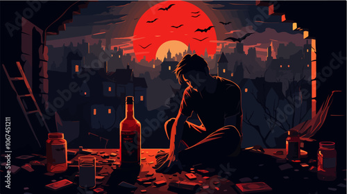 Illustration on the topic of alcoholism. Alcohol abuse. Bad habit.