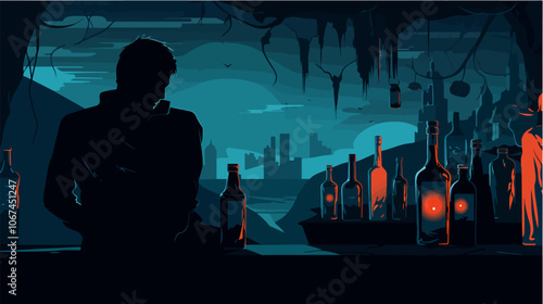 Illustration on the topic of alcoholism. Alcohol abuse. Bad habit.