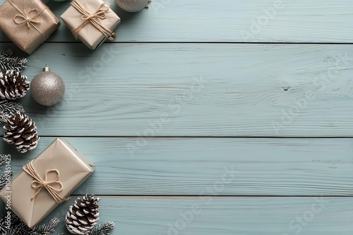 A serene holiday scene featuring wrapped gifts, pinecones, and ornaments on a rustic wooden surface. photo