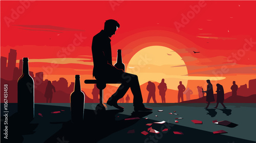 Illustration on the topic of alcoholism. Alcohol abuse. Bad habit.