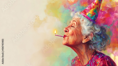 Happy playful old woman grandma grandmother candle birthday cake party hat painting illustration cartoon	