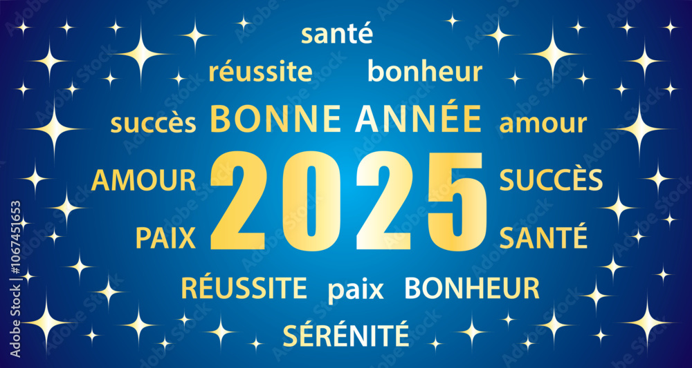 2025 Happy New Year. French language. Blue and gold greeting card with best wishes. Hand drawn vector illustration banner.